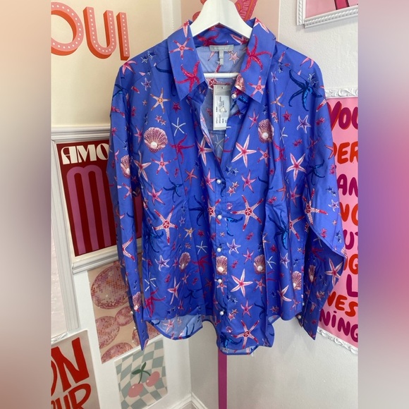 NWT HINSON WU Larissa Long Sleeve Seashell Print Shirt - Picture 7 of 10